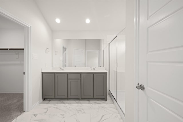 733 Stone Eagle Dr, Azle, TX 76020 - bathroom with a shower stall, double vanity, a spacious closet, recessed lighting, and marble finish flooring