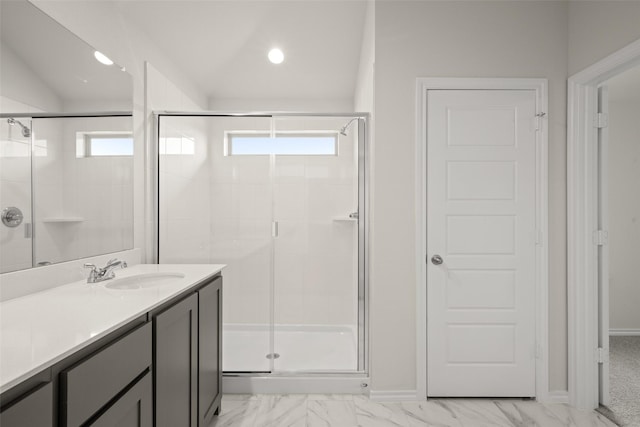 733 Stone Eagle Dr, Azle, TX 76020 - bathroom with a shower stall, healthy amount of natural light, vanity, marble finish flooring, and recessed lighting