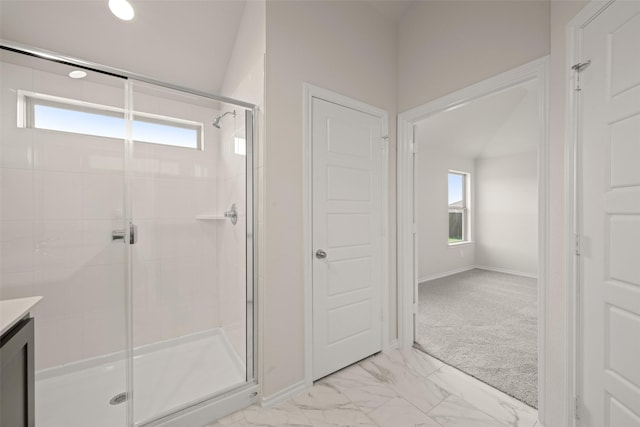 733 Stone Eagle Dr, Azle, TX 76020 - bathroom with a shower stall, vanity, and marble look tiles
