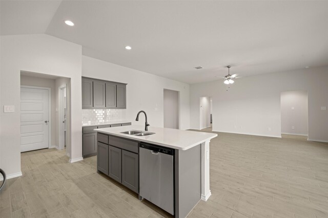 733 Stone Eagle Dr, Azle, TX 76020 - kitchen featuring stainless steel dishwasher, gray cabinetry, ceiling fan, decorative backsplash, and light countertops