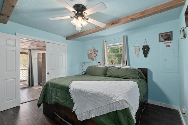 415 Lake By Dr, Kemp, TX 75143 - bedroom featuring beam ceiling, electric panel, dark wood-style floors, and a ceiling fan
