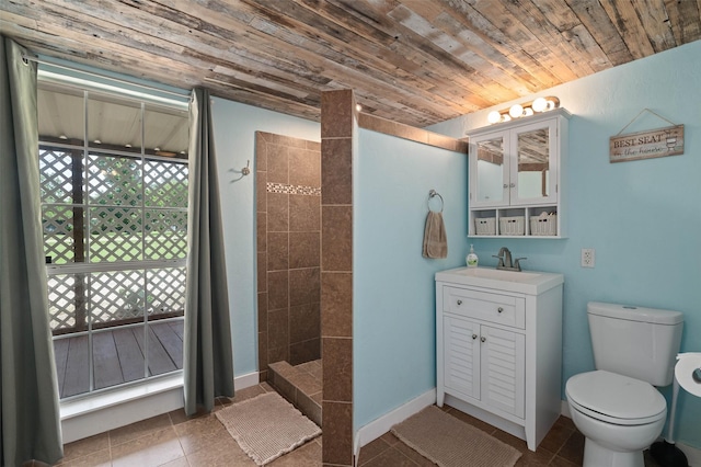 415 Lake By Dr, Kemp, TX 75143 - full bath featuring tiled shower, wooden ceiling, vanity, and tile patterned floors