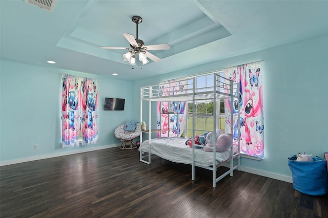 415 Lake By Dr, Kemp, TX 75143 - bedroom featuring a tray ceiling, wood finished floors, recessed lighting, and ceiling fan
