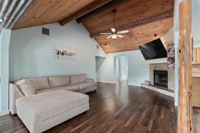 415 Lake By Dr, Kemp, TX 75143 - living room featuring a ceiling fan, a fireplace with raised hearth, wood finished floors, a wooden ceiling with exposed beams, and high vaulted ceiling