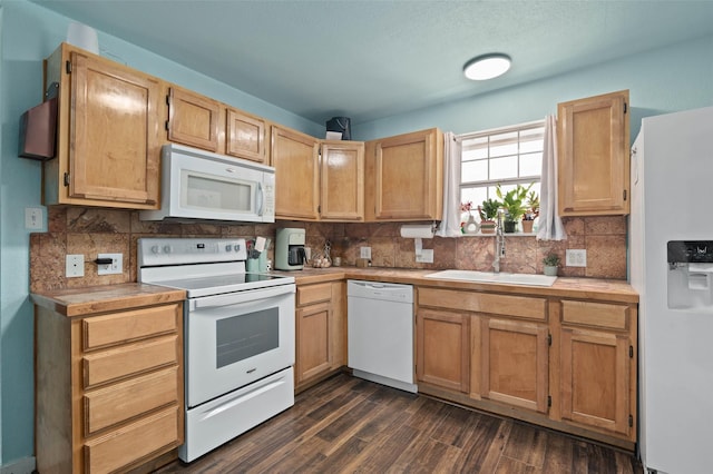 415 Lake By Dr, Kemp, TX 75143 - kitchen with white appliances, backsplash, light countertops, and dark wood-type flooring