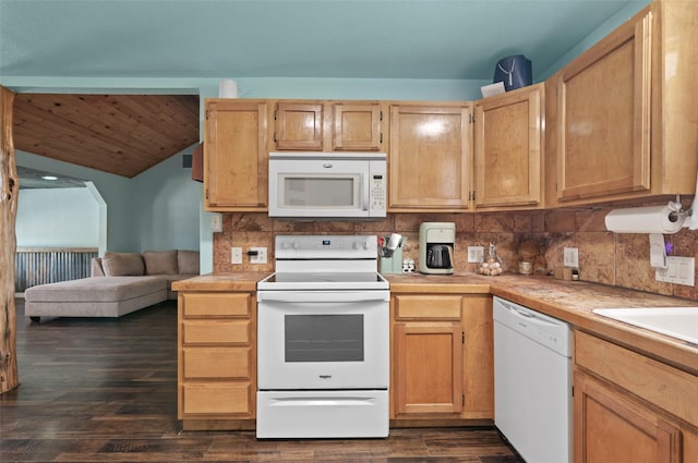 415 Lake By Dr, Kemp, TX 75143 - kitchen featuring white appliances, decorative backsplash, tile countertops, lofted ceiling, and dark wood-style floors