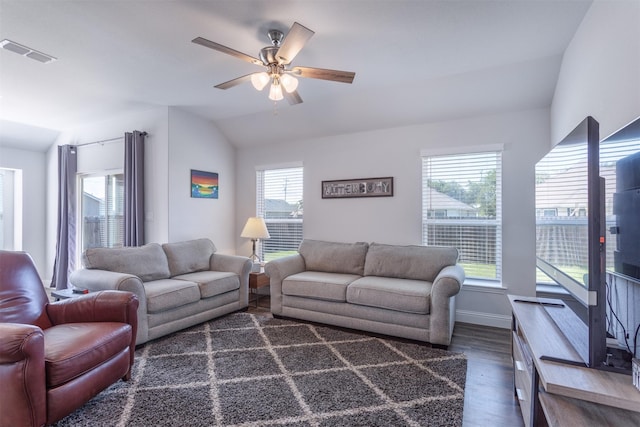 111 Arrowhead Dr, Sanger, TX 76266 - living area with vaulted ceiling, dark wood-type flooring, and a ceiling fan