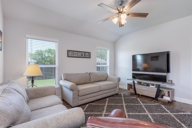111 Arrowhead Dr, Sanger, TX 76266 - living area featuring plenty of natural light, dark wood finished floors, a ceiling fan, and vaulted ceiling