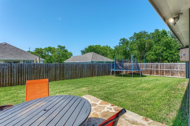 111 Arrowhead Dr, Sanger, TX 76266 - fenced backyard with a trampoline and a patio