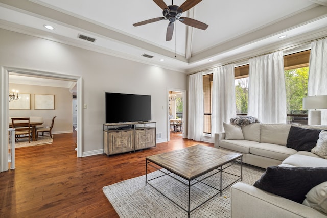 3217 Oak Tree Ln, Grapevine, TX 76051 - living room featuring ornamental molding, ceiling fan, a chandelier, wood finished floors, and recessed lighting