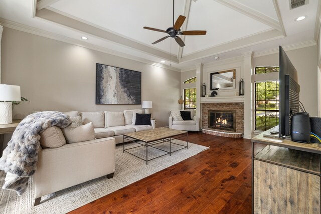 3217 Oak Tree Ln, Grapevine, TX 76051 - living room featuring a ceiling fan, plenty of natural light, a tray ceiling, crown molding, and recessed lighting