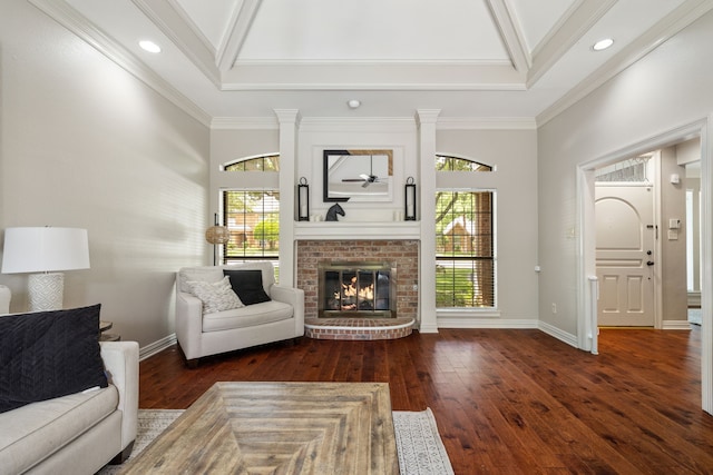 3217 Oak Tree Ln, Grapevine, TX 76051 - living area with plenty of natural light, hardwood / wood-style floors, a fireplace, a towering ceiling, and recessed lighting