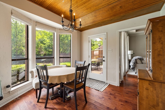 3217 Oak Tree Ln, Grapevine, TX 76051 - dining space with wood ceiling, dark wood-style floors, and a chandelier