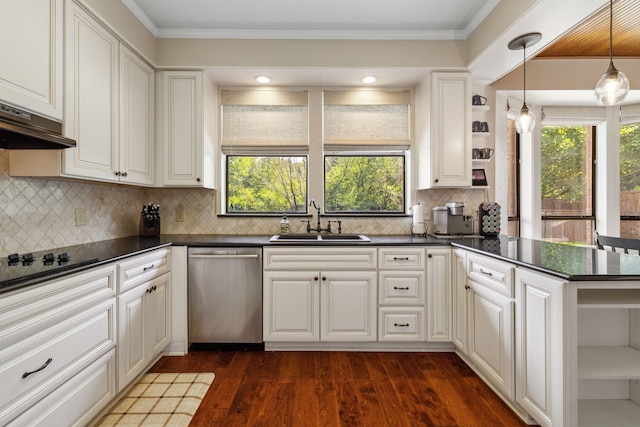 3217 Oak Tree Ln, Grapevine, TX 76051 - kitchen featuring stainless steel dishwasher, dark countertops, open shelves, dark wood finished floors, and ornamental molding