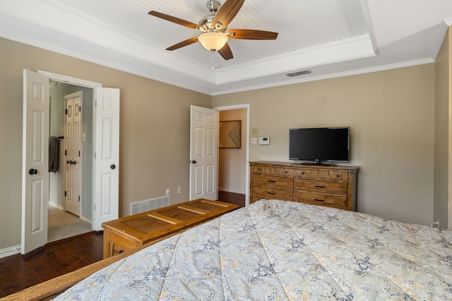 3217 Oak Tree Ln, Grapevine, TX 76051 - bedroom with a raised ceiling, hardwood / wood-style flooring, crown molding, and ceiling fan