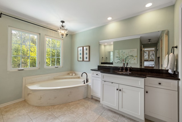 3217 Oak Tree Ln, Grapevine, TX 76051 - bathroom featuring vanity, a garden tub, crown molding, a chandelier, and tile patterned floors
