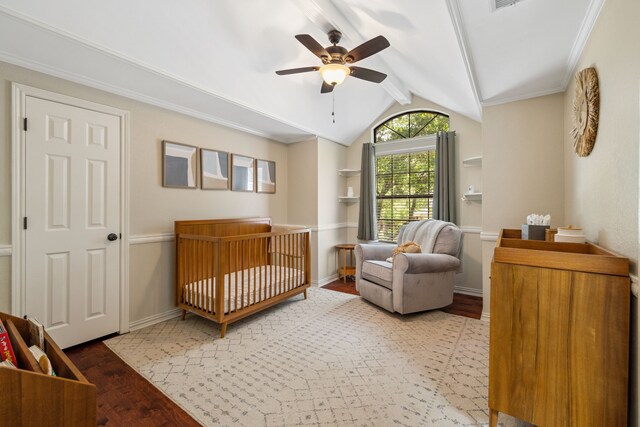3217 Oak Tree Ln, Grapevine, TX 76051 - bedroom featuring wood finished floors, a crib, a ceiling fan, and crown molding