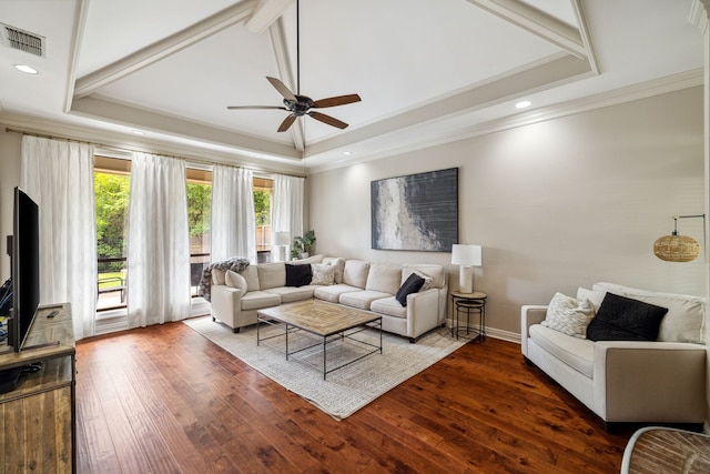 3217 Oak Tree Ln, Grapevine, TX 76051 - living room featuring a ceiling fan, dark wood-type flooring, crown molding, a raised ceiling, and recessed lighting