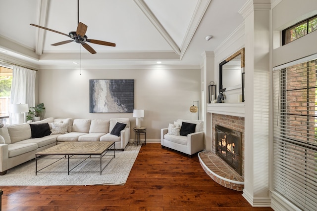 3217 Oak Tree Ln, Grapevine, TX 76051 - living room with a ceiling fan, a brick fireplace, wood finished floors, high vaulted ceiling, and recessed lighting