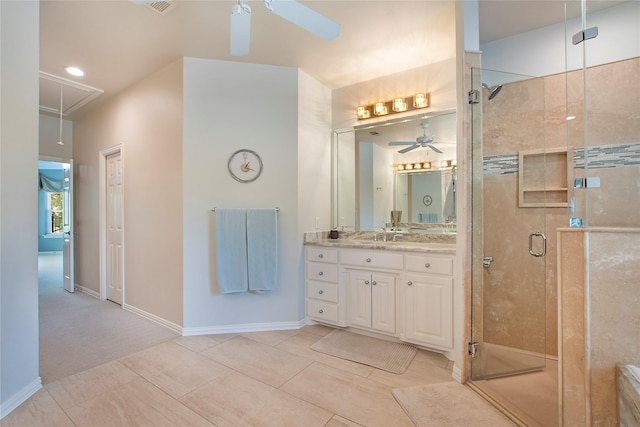 2327 Clearspring Dr N, Irving, TX 75063 - bathroom featuring a ceiling fan, vanity, a stall shower, and tile patterned floors