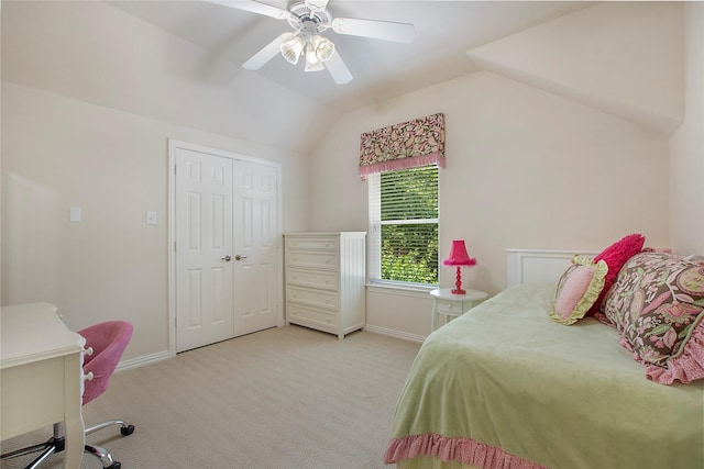 2327 Clearspring Dr N, Irving, TX 75063 - bedroom with carpet flooring, vaulted ceiling, ceiling fan, and a closet