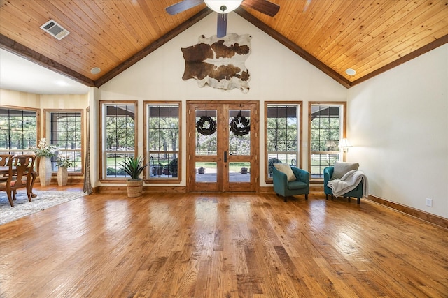 2702 Hidden Trails Rd, Royse City, TX 75189 - living area featuring high vaulted ceiling, wood finished floors, french doors, a ceiling fan, and wood ceiling