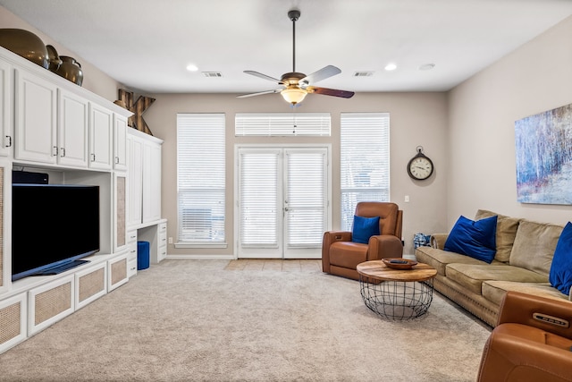 8601 Prescott Cir, Frisco, TX 75034 - living area with ceiling fan, light carpet, and recessed lighting