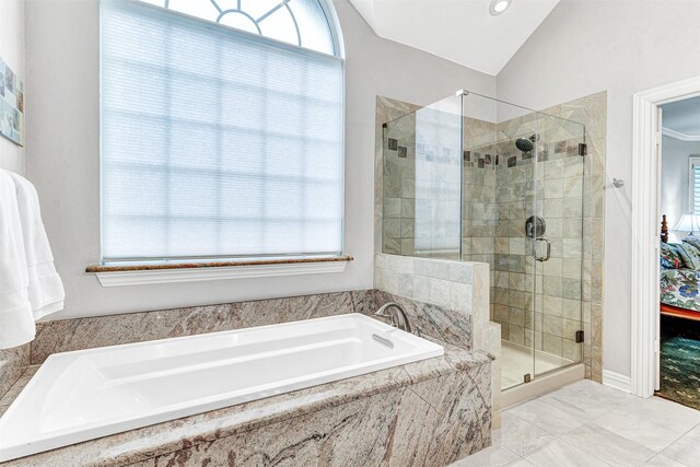 4404 Barnsley Dr, Plano, TX 75093 - bathroom featuring a shower stall, a garden tub, and vaulted ceiling