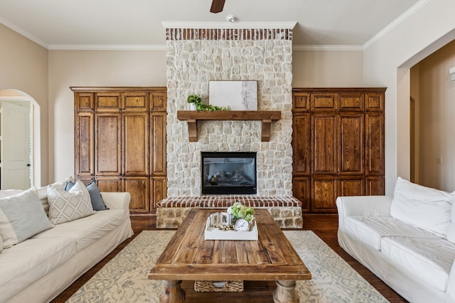 1910 Blue Forest Dr, Prosper, TX 75078 - living room featuring arched walkways, dark wood-style floors, ornamental molding, and a stone fireplace