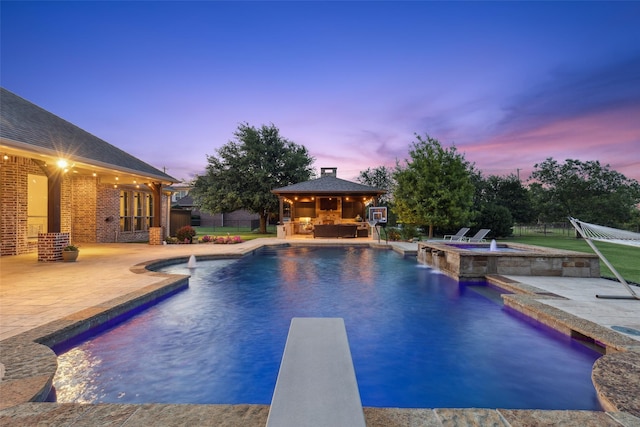1910 Blue Forest Dr, Prosper, TX 75078 - view of pool featuring an outdoor living space, a patio, a gazebo, and a diving board