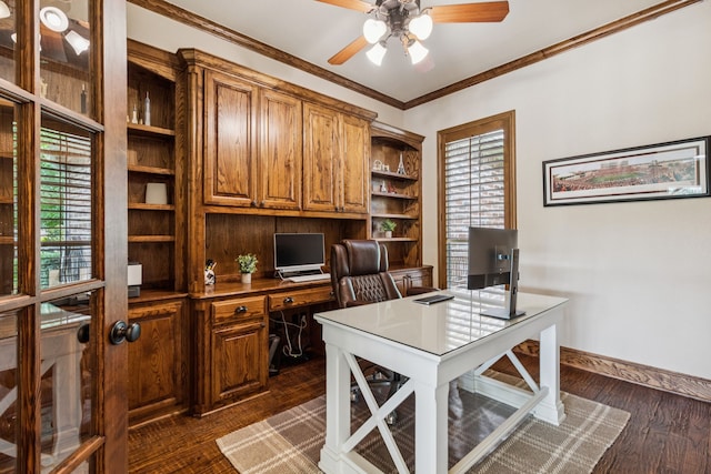 1910 Blue Forest Dr, Prosper, TX 75078 - home office with ceiling fan, healthy amount of natural light, crown molding, and dark wood finished floors