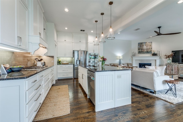 7204 Ripley St, Mckinney, TX 75071 - kitchen featuring a ceiling fan, dark wood-style floors, stainless steel appliances, a fireplace, and white cabinets