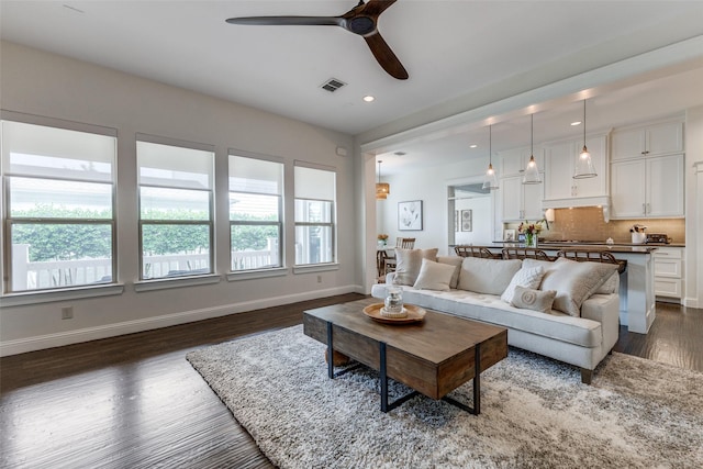 7204 Ripley St, Mckinney, TX 75071 - living room featuring a ceiling fan, dark wood-style flooring, and recessed lighting