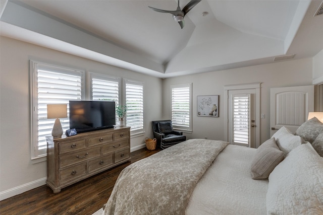 7204 Ripley St, Mckinney, TX 75071 - bedroom with dark wood-type flooring, ceiling fan, and vaulted ceiling