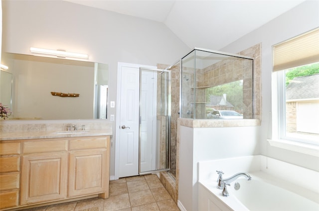 4720 Ashley Cir, Midlothian, TX 76065 - full bath with a bath, vanity, a stall shower, vaulted ceiling, and tile patterned flooring