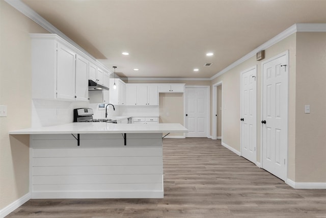 402 2nd St, Moody, TX 76557 - kitchen featuring under cabinet range hood, a peninsula, ornamental molding, light countertops, and a breakfast bar
