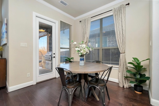 1844 Halifax St, Roanoke, TX 76262 - dining room with dark wood-style flooring and ornamental molding