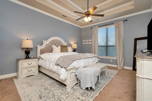1844 Halifax St, Roanoke, TX 76262 - bedroom featuring a raised ceiling, ornamental molding, light colored carpet, and ceiling fan