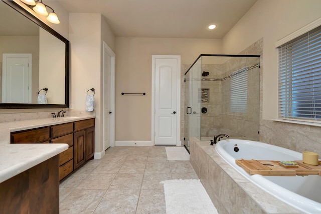 1844 Halifax St, Roanoke, TX 76262 - full bath featuring a garden tub, vanity, a stall shower, and recessed lighting