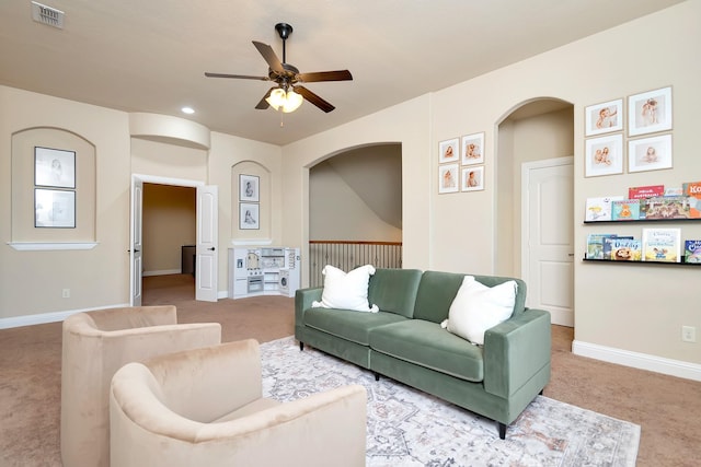 1844 Halifax St, Roanoke, TX 76262 - carpeted living area with arched walkways and a ceiling fan
