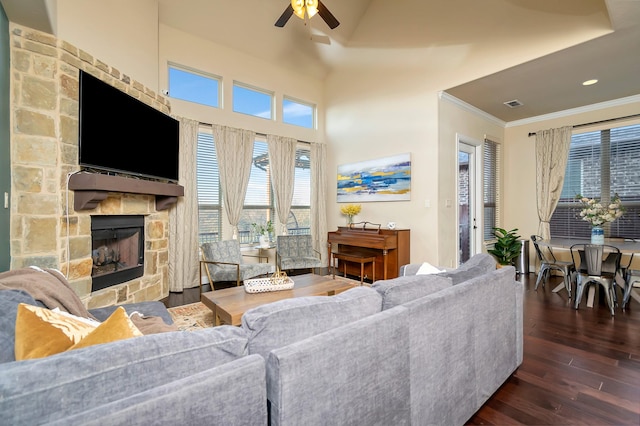 1844 Halifax St, Roanoke, TX 76262 - living room with ceiling fan, crown molding, a fireplace, and dark wood-style floors