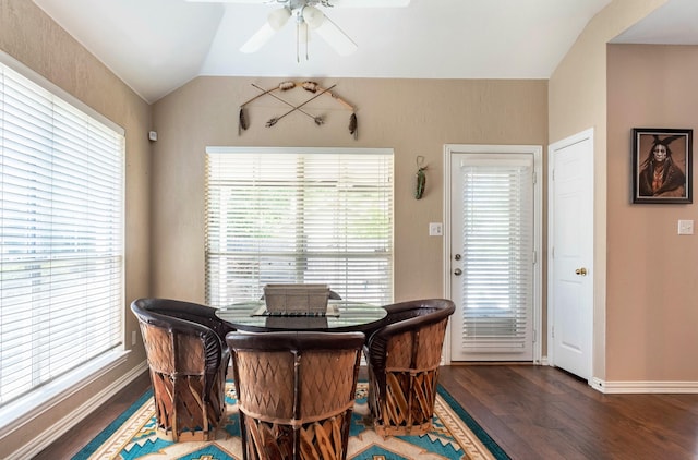 1023 Muirfield Dr, Mansfield, TX 76063 - dining area with lofted ceiling, wood finished floors, ceiling fan, and healthy amount of natural light
