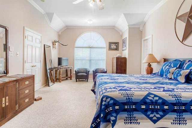 1023 Muirfield Dr, Mansfield, TX 76063 - bedroom featuring light colored carpet, ornamental molding, vaulted ceiling, and ceiling fan