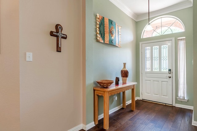 1023 Muirfield Dr, Mansfield, TX 76063 - entryway featuring dark wood-style flooring and ornamental molding