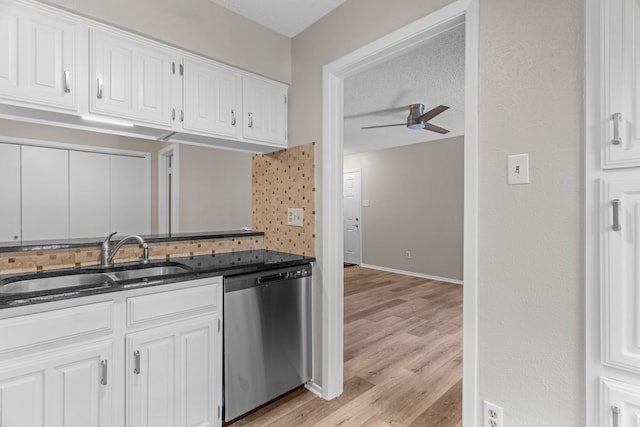 333 Melrose Dr Unit 4D, Richardson, TX 75080 - kitchen featuring dishwasher, tasteful backsplash, a ceiling fan, white cabinetry, and light wood finished floors