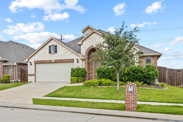 1020 Broken Wheel Trl, Aubrey, TX 76227 - french country inspired facade with an attached garage, concrete driveway, stone siding, brick siding, and roof with shingles