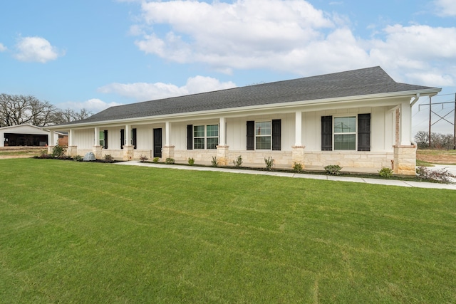 113 Aslan Rd, Poolville, TX 76487 - single story home with a porch, roof with shingles, a front lawn, and stone siding