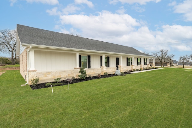113 Aslan Rd, Poolville, TX 76487 - view of front of property with a front lawn, stone siding, roof with shingles, and covered porch