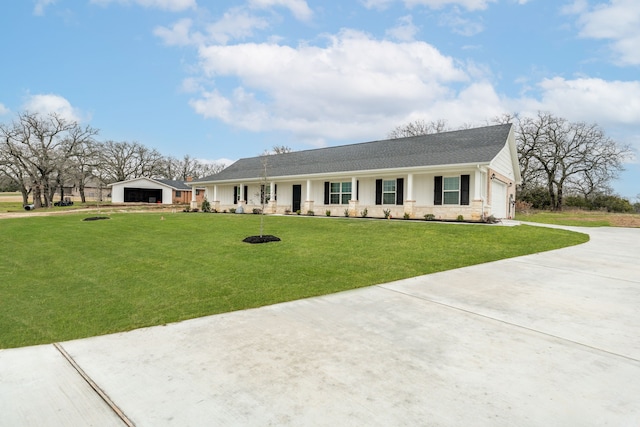 113 Aslan Rd, Poolville, TX 76487 - ranch-style house with a garage, a front lawn, driveway, covered porch, and roof with shingles