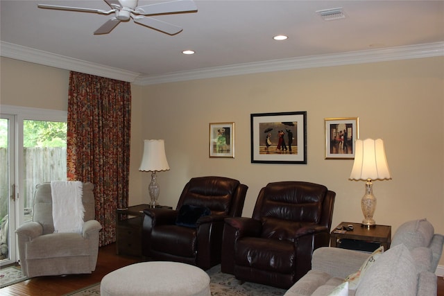4739 Fairfield Ave Unit 4, Shreveport, LA 71106 - living area with ornamental molding, ceiling fan, wood finished floors, and recessed lighting
